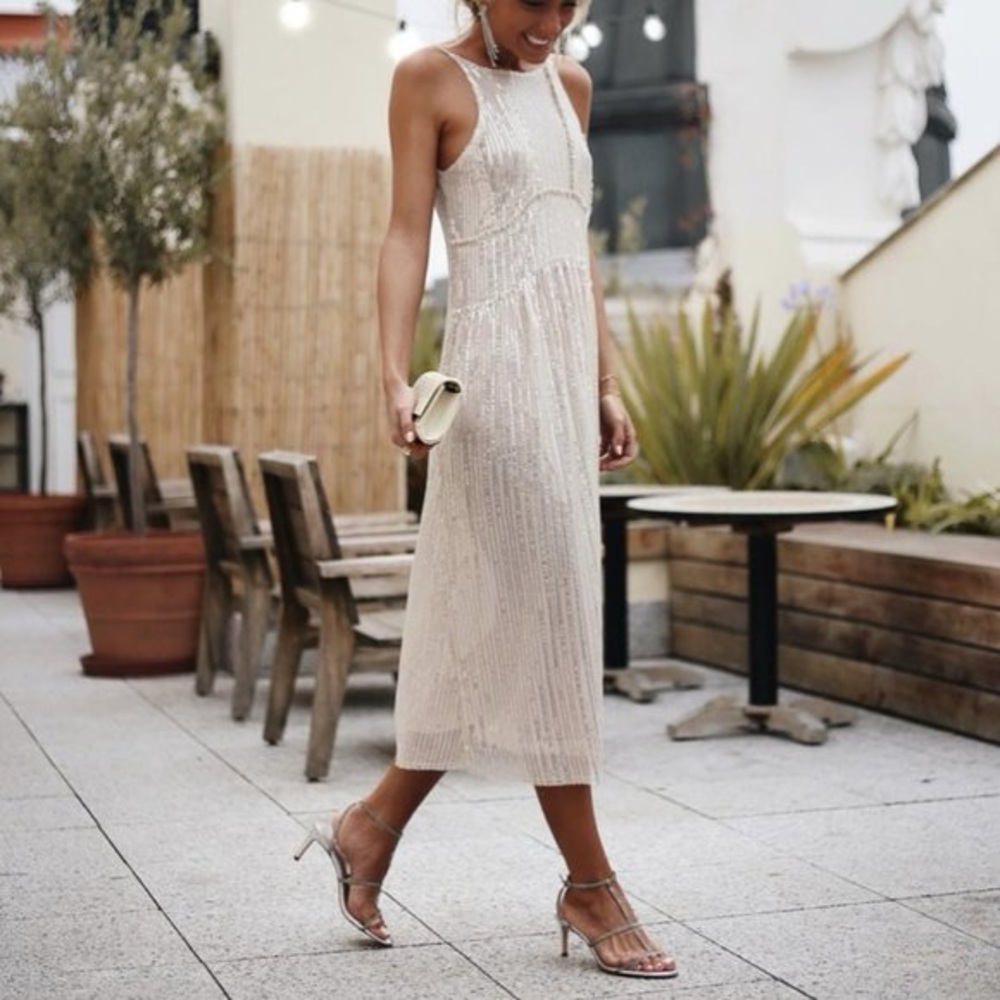 Zara Beaded Midi Dress in Champagne